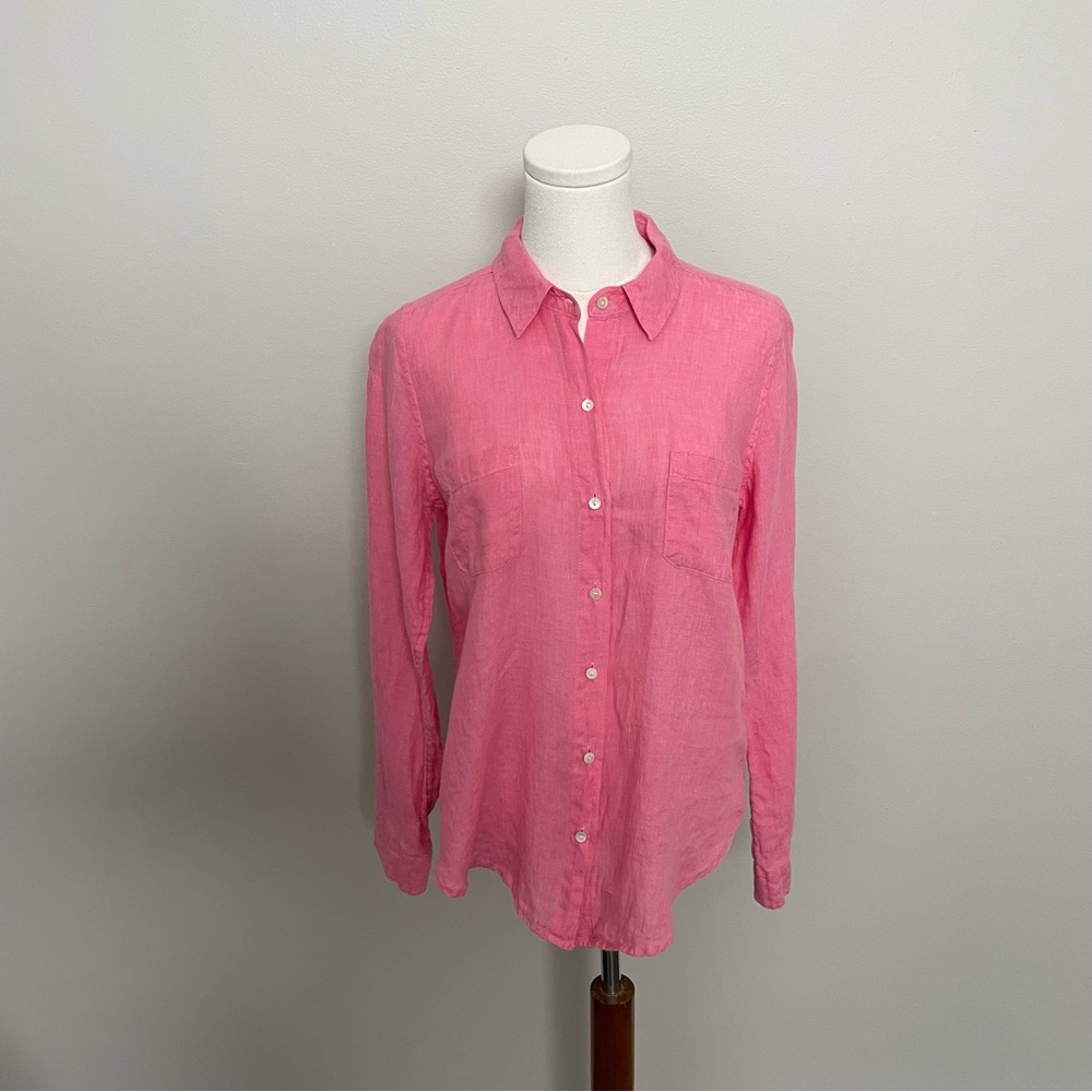 Lilly Pulitzer Shirt Top 100% Linen Button Up Lightweight Pocket Travel Pink